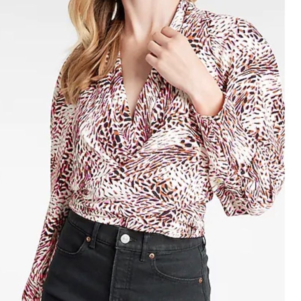 Women’s Express Draped Leopard Print Faux Wrap Front Blouse Top XL